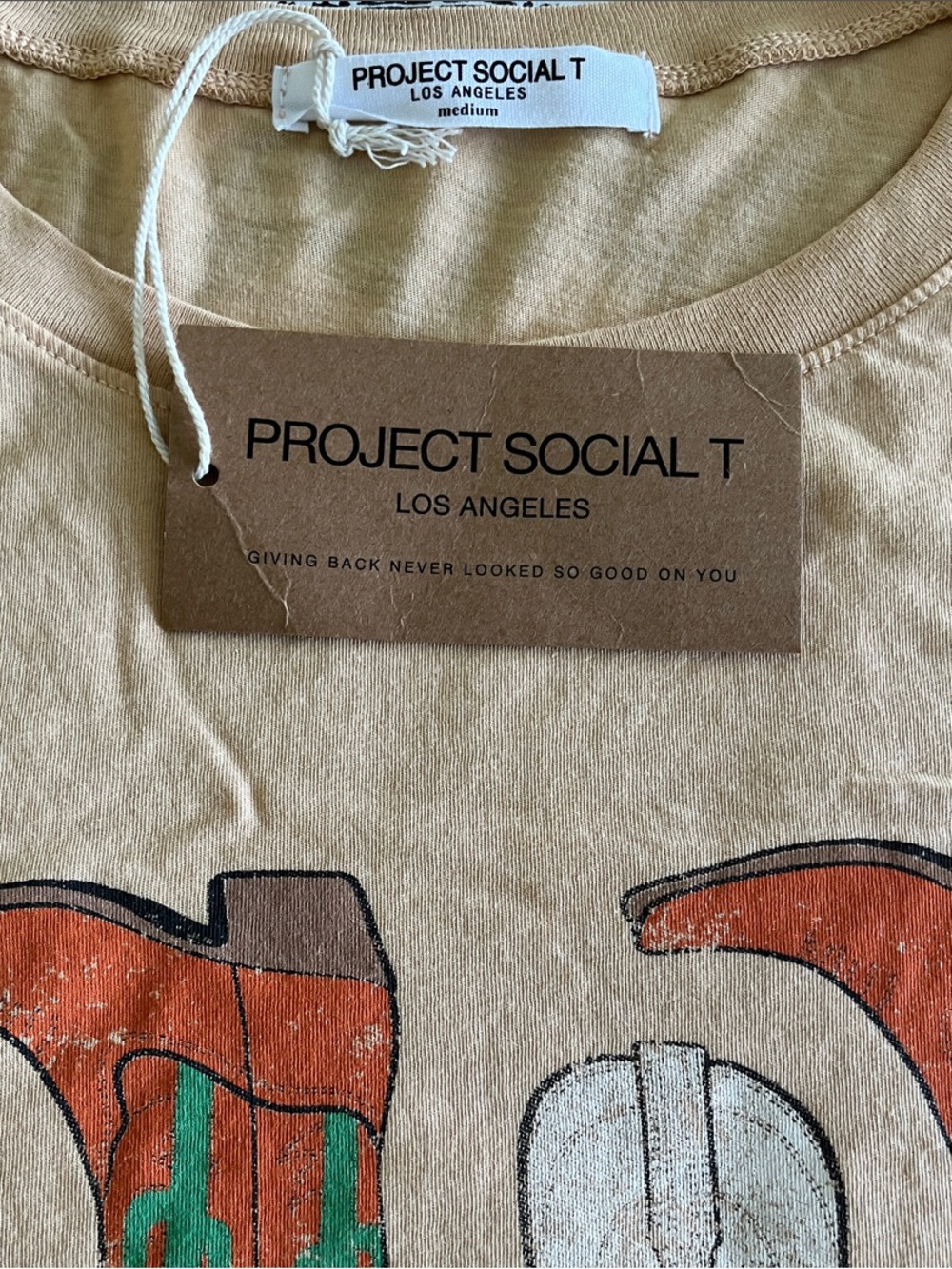 Project Social T Darlin Cowgirl Boots Graphic Tee Tan Orange Western Boho M NWT - Picture 8 of 8